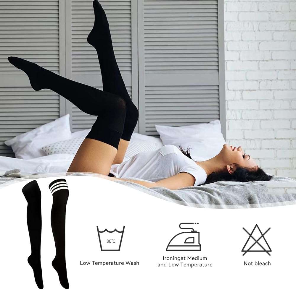 Ammiko Womens Thigh High Socks Cotton Striped Over the Knee Socks Long Knee High Socks Casual High Stockings for Women - Image 3