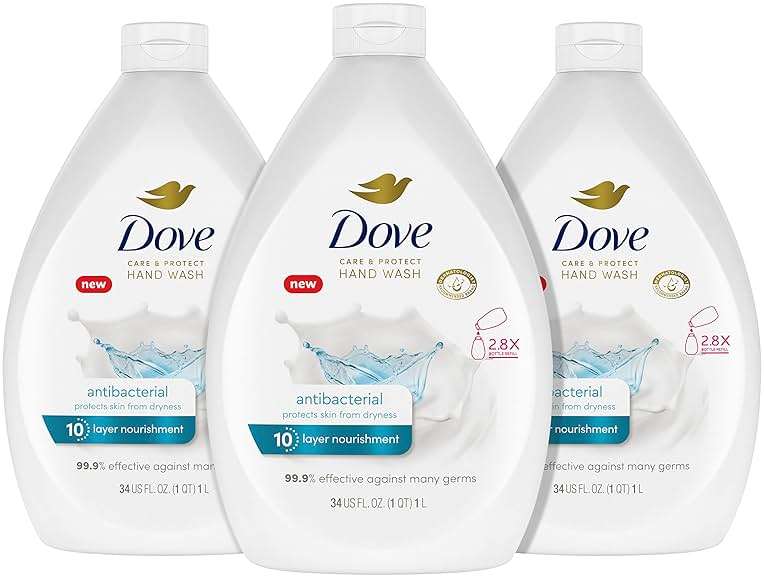 Dove Antibacterial Hand Wash Care & Protect Pack of 3 Protects Skin from Dryness, Moisturizers More Than The Leading Ordinary Hand Soap, 34 oz - Image 1