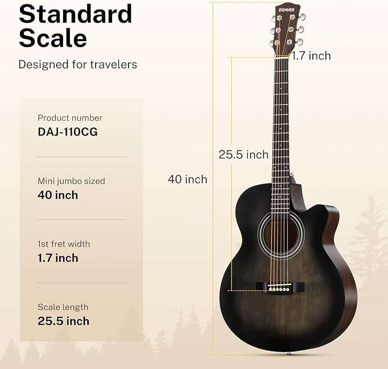 Donner Acoustic Guitar for Beginner Adult 40 Inch Cutaway Acustica Guitarra Bundle Kit with Pickup Online Lesson Bag Tuner Capo Strap Mini Jumbo Travel Teen Right Hand Black Brown DAJ-110CD - Image 2
