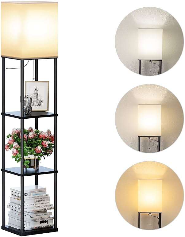 SUNMORY Floor Lamp with Shelves, Modern Square Standing Lamp with 3 Color Temperature Bulb, Corner Display Bookshelf Lamp for Living Room and Bedroom(Black) - Image 1