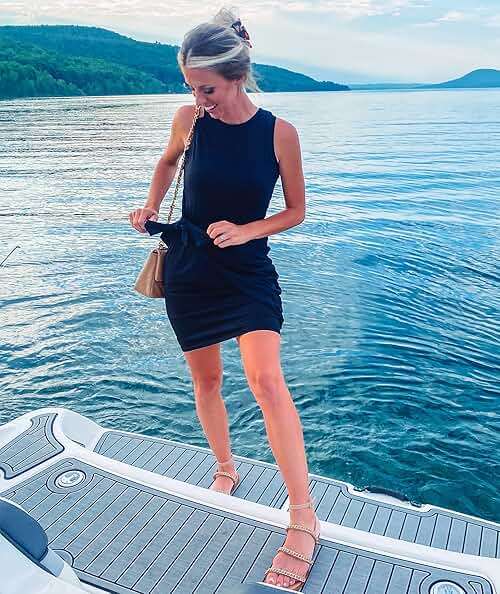 BTFBM Women's 2026 Summer T Shirt Dress Casual Sleeveless Wrap Bodycon Ruched T Shirt Spring Dress Tie Waist Mini Dresses - Image 8