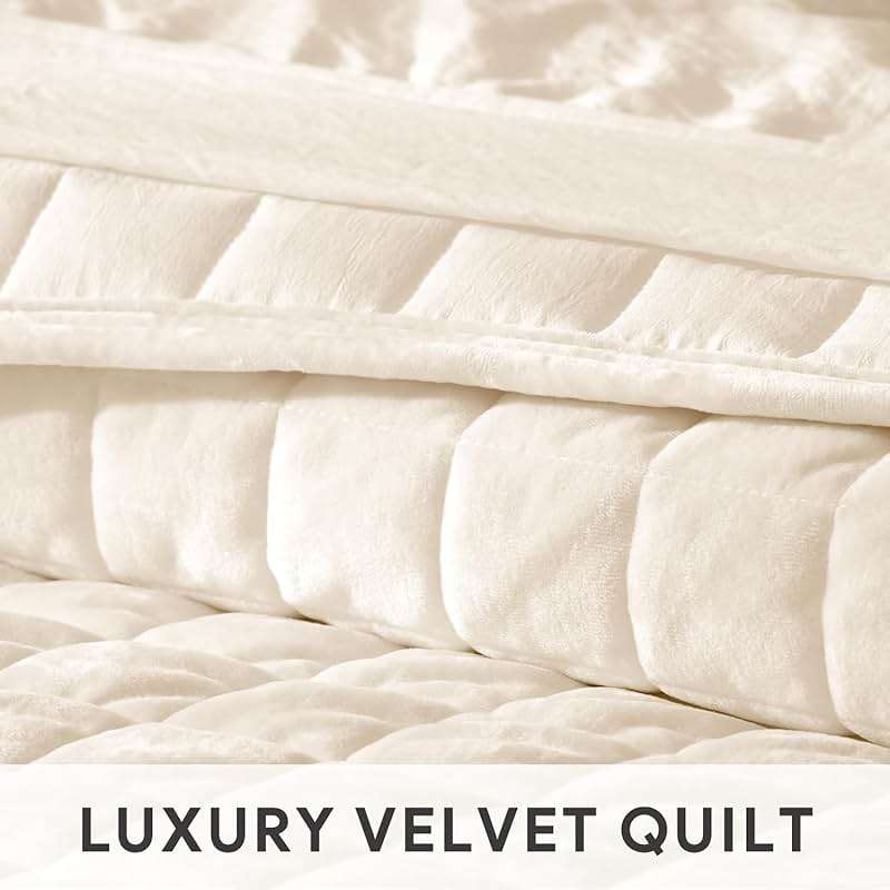 RECYCO Luxury Velvet Quilt Set Full Queen Size, Lightweight Velvet Comforter Set, Oversized Bedspread Coverlet Quilted Bedding Set, with 2 Matching Pillow Shams, for All Season, Cream White - Image 4