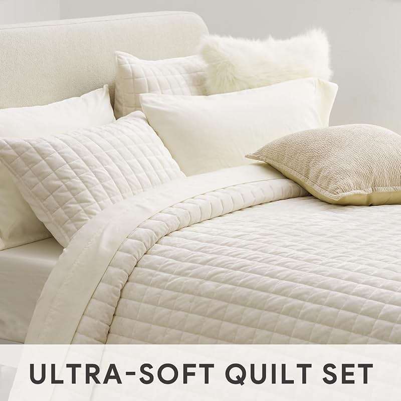 RECYCO Luxury Velvet Quilt Set Full Queen Size, Lightweight Velvet Comforter Set, Oversized Bedspread Coverlet Quilted Bedding Set, with 2 Matching Pillow Shams, for All Season, Cream White - Image 5