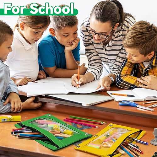 V-Opitos Pencil Pouch for 3 Ring Binder, Bulk 6 Pack 3-Holes Zipper Pencil Pouches in Assorted Colors, Sturdy and Durable Cloth Pencil Case with Clear Window for Office School College Supplies - Image 2