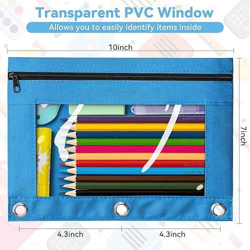 V-Opitos Pencil Pouch for 3 Ring Binder, Bulk 6 Pack 3-Holes Zipper Pencil Pouches in Assorted Colors, Sturdy and Durable Cloth Pencil Case with Clear Window for Office School College Supplies - Image 3