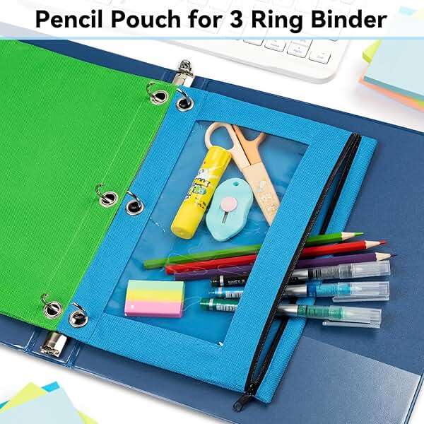 V-Opitos Pencil Pouch for 3 Ring Binder, Bulk 6 Pack 3-Holes Zipper Pencil Pouches in Assorted Colors, Sturdy and Durable Cloth Pencil Case with Clear Window for Office School College Supplies - Image 4