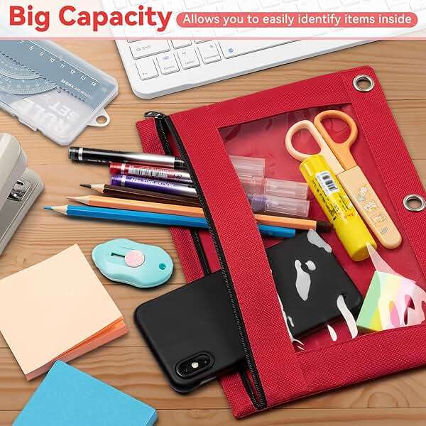 V-Opitos Pencil Pouch for 3 Ring Binder, Bulk 6 Pack 3-Holes Zipper Pencil Pouches in Assorted Colors, Sturdy and Durable Cloth Pencil Case with Clear Window for Office School College Supplies - Image 5