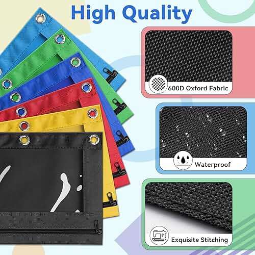 V-Opitos Pencil Pouch for 3 Ring Binder, Bulk 6 Pack 3-Holes Zipper Pencil Pouches in Assorted Colors, Sturdy and Durable Cloth Pencil Case with Clear Window for Office School College Supplies - Image 6