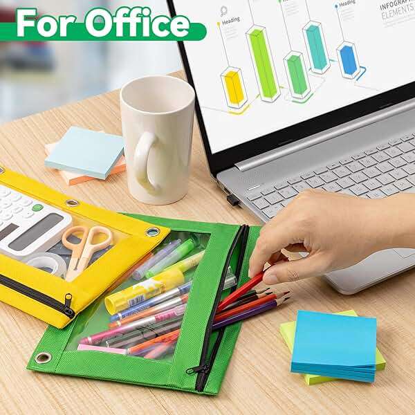 V-Opitos Pencil Pouch for 3 Ring Binder, Bulk 6 Pack 3-Holes Zipper Pencil Pouches in Assorted Colors, Sturdy and Durable Cloth Pencil Case with Clear Window for Office School College Supplies - Image 7