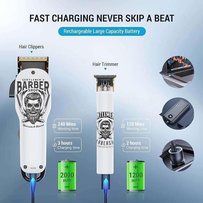 BESTBOMG® Hair Clippers & Trimmer Ceramic T-Blade Cordless Haircut Sets Rechargeable 2000mAh/1200mAh with 10 Guide Combs & for Men/Father/Husband/Boyfriend - Image 4