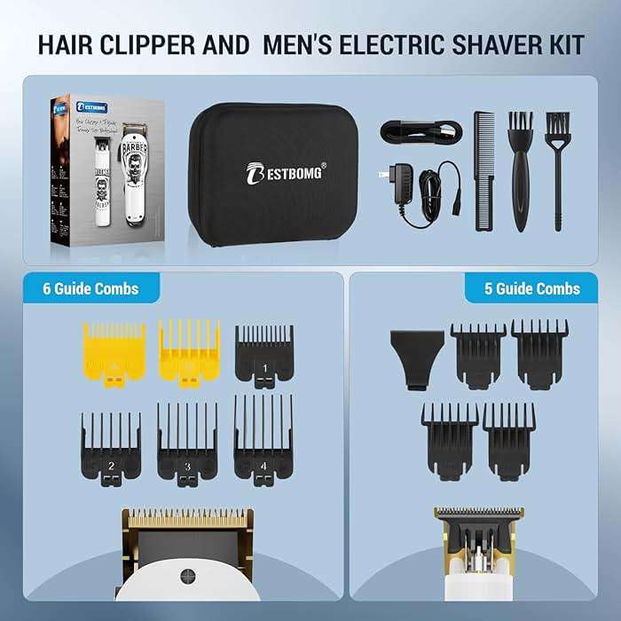 BESTBOMG® Hair Clippers & Trimmer Ceramic T-Blade Cordless Haircut Sets Rechargeable 2000mAh/1200mAh with 10 Guide Combs & for Men/Father/Husband/Boyfriend - Image 5