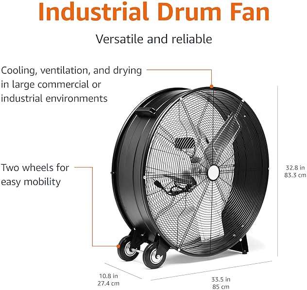 Amazon Basics 30" 300W High-Velocity Heavy-Duty Industrial Drum Fan for Cooling, Metal Housing, UL-Certified Safety Compliance, 2 Speeds, High CFM Up to 12,480, 5.9-ft Power Cord, 2 Wheels, Black - Image 2