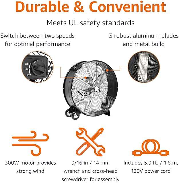 Amazon Basics 30" 300W High-Velocity Heavy-Duty Industrial Drum Fan for Cooling, Metal Housing, UL-Certified Safety Compliance, 2 Speeds, High CFM Up to 12,480, 5.9-ft Power Cord, 2 Wheels, Black - Image 3