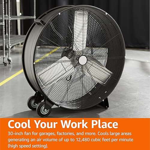 Amazon Basics 30" 300W High-Velocity Heavy-Duty Industrial Drum Fan for Cooling, Metal Housing, UL-Certified Safety Compliance, 2 Speeds, High CFM Up to 12,480, 5.9-ft Power Cord, 2 Wheels, Black - Image 6