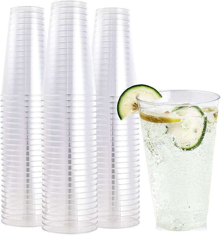 FOCUSLINE 100 Pack 16 oz Clear Plastic Cups, Disposable Cups Large Reusable Plastic Tumblers, Heavy-duty Clear Hard Cups 16 Ounce for Wedding Party, Thanksgiving, Halloween, Christmas - Image 1