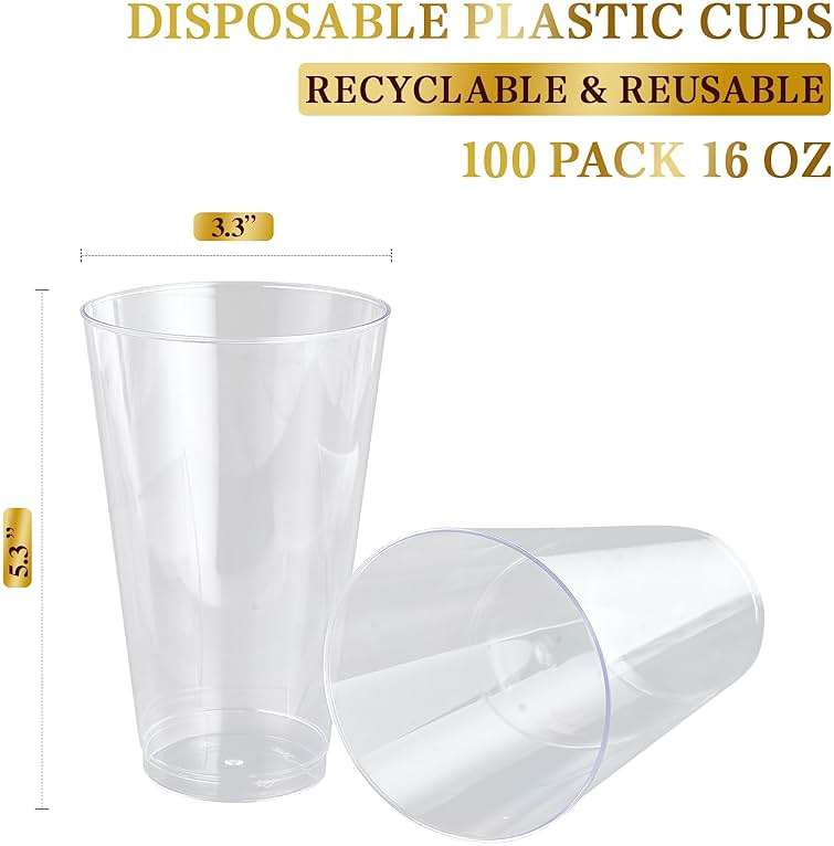 FOCUSLINE 100 Pack 16 oz Clear Plastic Cups, Disposable Cups Large Reusable Plastic Tumblers, Heavy-duty Clear Hard Cups 16 Ounce for Wedding Party, Thanksgiving, Halloween, Christmas - Image 3