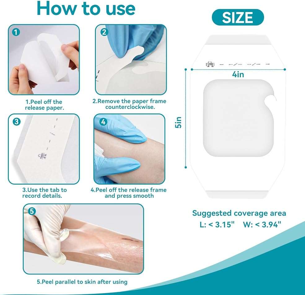 Dimora Transparent Film Dressing 50 Packs, Waterproof Adhesive Clear Bandages 4 in x 5 in, Wound Cover for IV Shield, Tattoo Aftercare Bandage,Clear Bandage Tape for Wound Care - Image 5