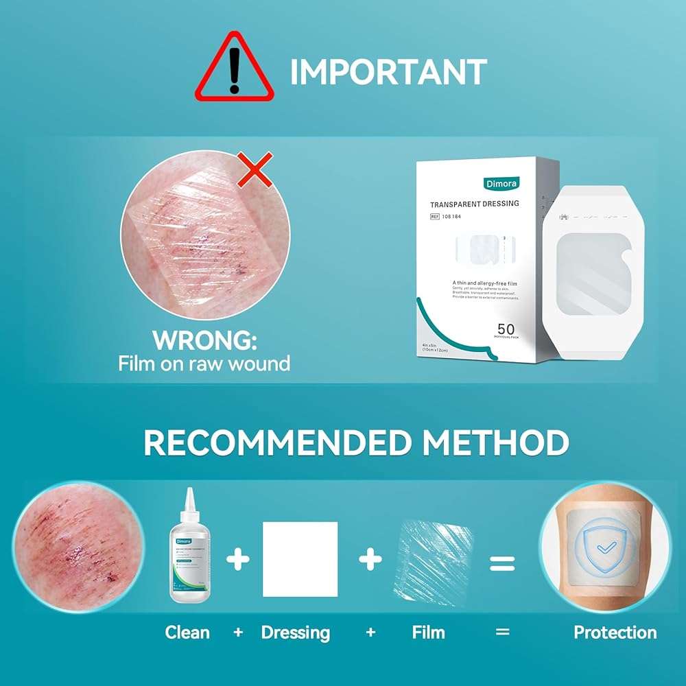 Dimora Transparent Film Dressing 50 Packs, Waterproof Adhesive Clear Bandages 4 in x 5 in, Wound Cover for IV Shield, Tattoo Aftercare Bandage,Clear Bandage Tape for Wound Care - Image 7