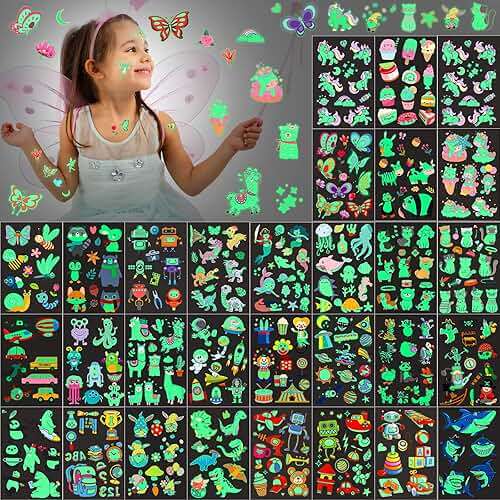 Sinmoe 30 Sheets 400 Pieces Glitter Temporary Tattoos for Kids Waterproof Butterfly Mermaid Unicorn Cartoon Stickers Glow Tattoo for Girls Birthday Party Favors Goodie Bags Fillers(Luminous Pattern) - Image 1