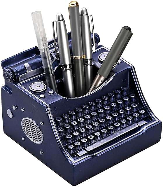 Amoysanli Retro Typewriter Pen Holder Vintage Desk Accssories Unique Cool Gifts for Writer Typewriter Lovers and Secretary Cute Funny Pencil Cups for Office Home School (Blue) - Image 1