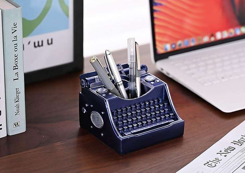 Amoysanli Retro Typewriter Pen Holder Vintage Desk Accssories Unique Cool Gifts for Writer Typewriter Lovers and Secretary Cute Funny Pencil Cups for Office Home School (Blue) - Image 2