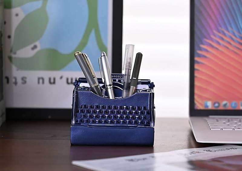 Amoysanli Retro Typewriter Pen Holder Vintage Desk Accssories Unique Cool Gifts for Writer Typewriter Lovers and Secretary Cute Funny Pencil Cups for Office Home School (Blue) - Image 5