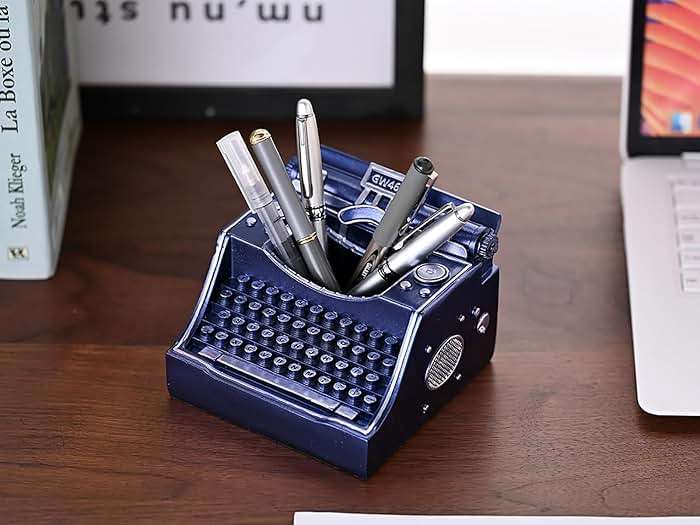 Amoysanli Retro Typewriter Pen Holder Vintage Desk Accssories Unique Cool Gifts for Writer Typewriter Lovers and Secretary Cute Funny Pencil Cups for Office Home School (Blue) - Image 6
