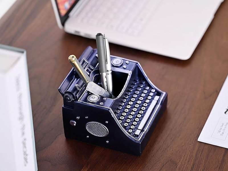 Amoysanli Retro Typewriter Pen Holder Vintage Desk Accssories Unique Cool Gifts for Writer Typewriter Lovers and Secretary Cute Funny Pencil Cups for Office Home School (Blue) - Image 7