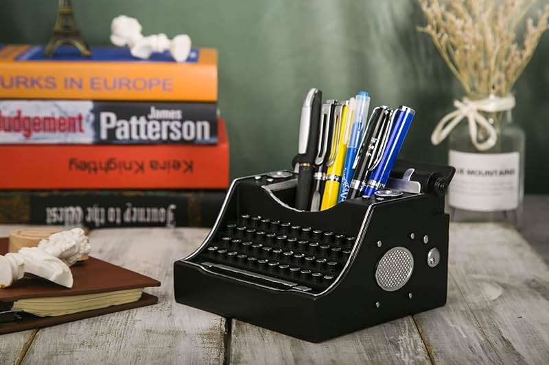 Amoysanli Retro Typewriter Pen Holder Vintage Desk Accssories Unique Cool Gifts for Writer Typewriter Lovers and Secretary Cute Funny Pencil Cups for Office Home School (Black) - Image 2