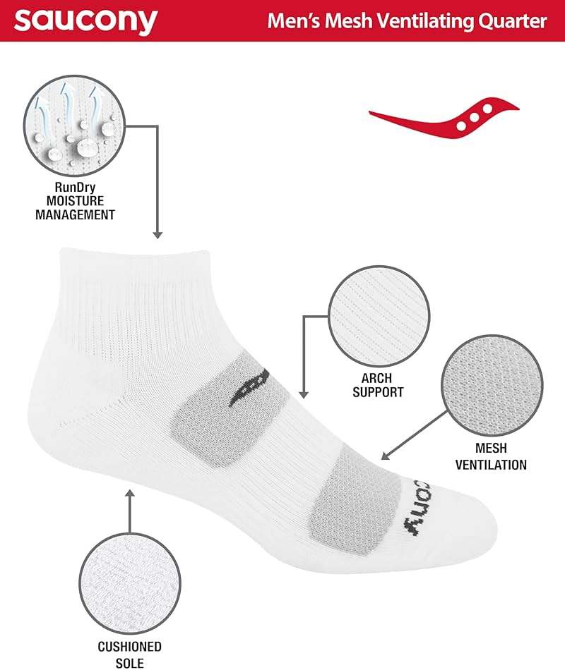 Saucony Men's Rundry Mesh Ventilating Comfort Fit Performance Quarter Socks (6, 12 Pairs) - Image 2