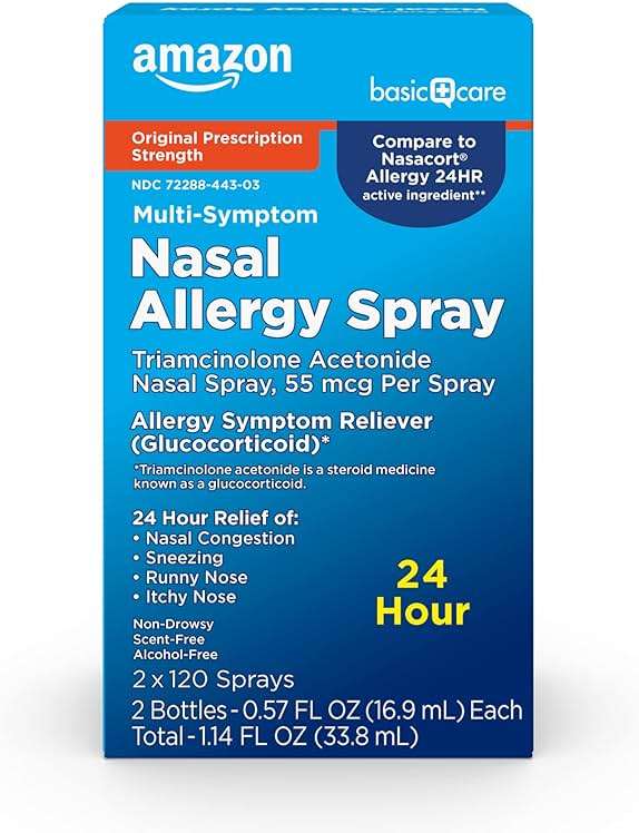 Amazon Basic Care Multi-Symptom Triamcinolone Acetonide Nasal Allergy Spray, 24-Hour Non-Drowsy Allergy Relief, 55 mcg, 0.57 fl oz (2-Pack) - Image 1