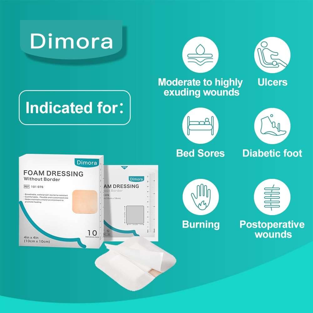 Dimora Foam Dressing, Sterile Non-Adhesive Hydrophilic Pads, Highly Absorbent 4"x4"(10 cm*10 cm) Pack of 10 Square Waterproof Dressing for Wound Care - Image 6
