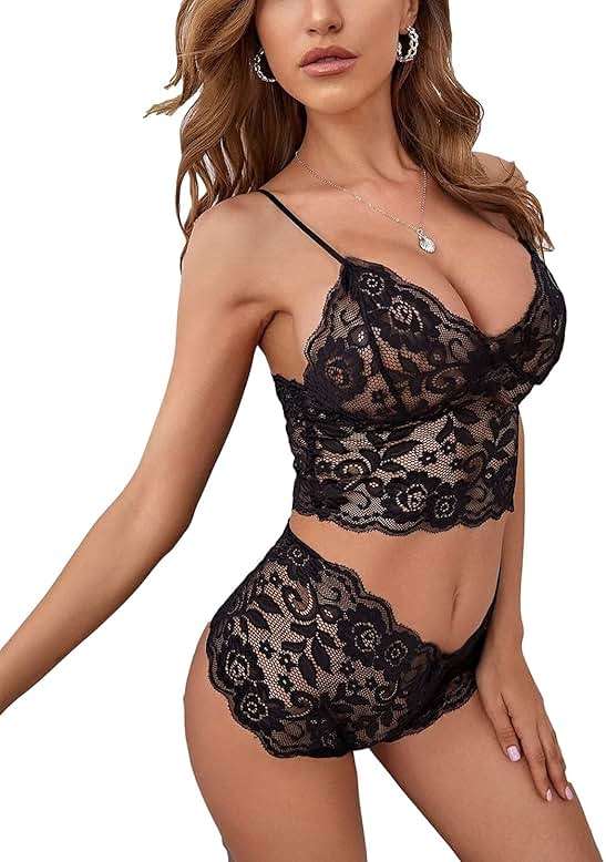 Lilosy Sexy Sheer Floral Lace Pajamas Lingerie Set High Waist Sleepwear Bra and Panty 2 Piece Nightwear - Image 4
