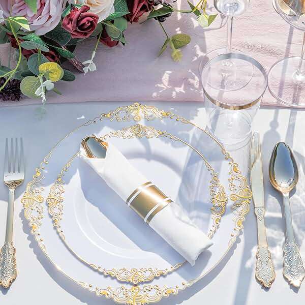 Nervure 350PCS Gold Plastic Plates - Gold Plastic Dinnerware Sets for 50 Guests - 100 Disposable Plates, 150 Silverware, 50 Cups, 50 Napkins for Wedding & Party & Mother's Day - Image 2