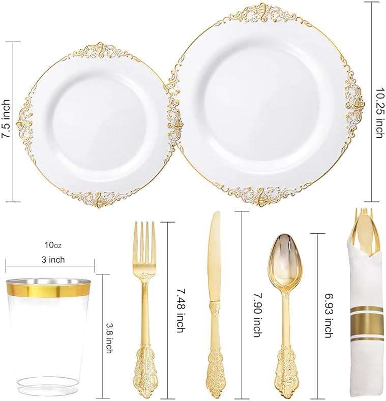 Nervure 350PCS Gold Plastic Plates - Gold Plastic Dinnerware Sets for 50 Guests - 100 Disposable Plates, 150 Silverware, 50 Cups, 50 Napkins for Wedding & Party & Mother's Day - Image 3