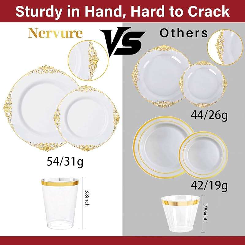 Nervure 350PCS Gold Plastic Plates - Gold Plastic Dinnerware Sets for 50 Guests - 100 Disposable Plates, 150 Silverware, 50 Cups, 50 Napkins for Wedding & Party & Mother's Day - Image 4