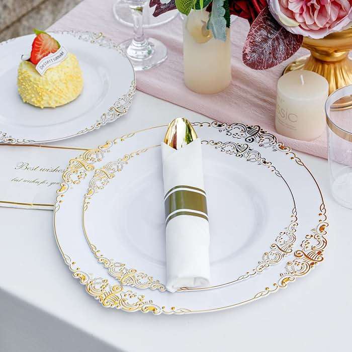 Nervure 350PCS Gold Plastic Plates - Gold Plastic Dinnerware Sets for 50 Guests - 100 Disposable Plates, 150 Silverware, 50 Cups, 50 Napkins for Wedding & Party & Mother's Day - Image 5