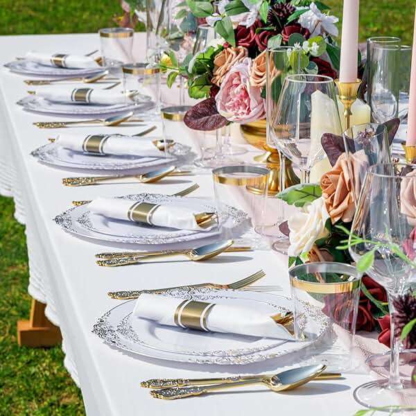 Nervure 350PCS Gold Plastic Plates - Gold Plastic Dinnerware Sets for 50 Guests - 100 Disposable Plates, 150 Silverware, 50 Cups, 50 Napkins for Wedding & Party & Mother's Day - Image 6