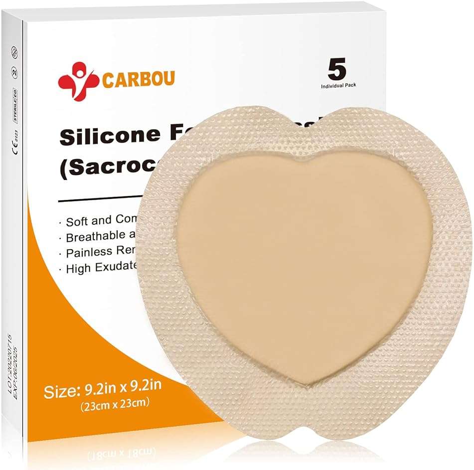 Carbou Silicone Sacrum Foam Dressing, 9''x9''(23cm x23cm) Bordered Adhesive Sacral Foam Dressing,Soft Bed Sore Bandages,Wound Care Products,Box of 5 Dressings - Image 1