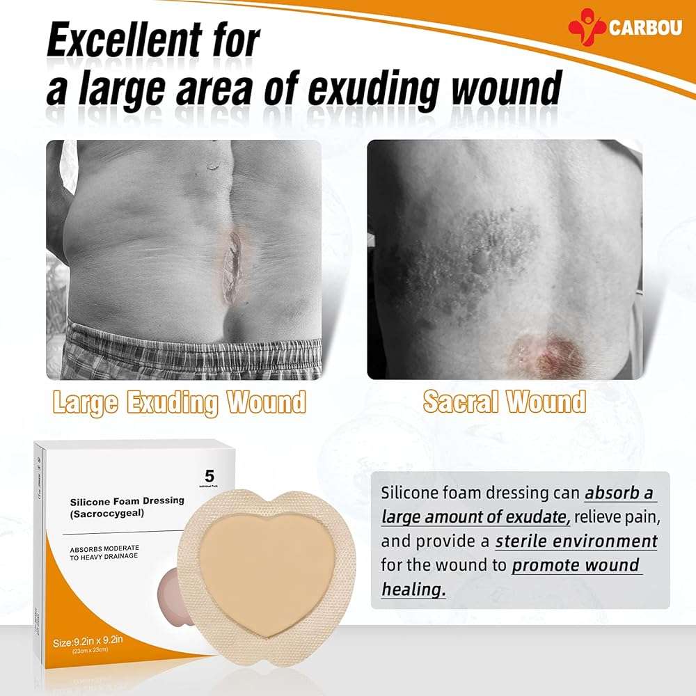 Carbou Silicone Sacrum Foam Dressing, 9''x9''(23cm x23cm) Bordered Adhesive Sacral Foam Dressing,Soft Bed Sore Bandages,Wound Care Products,Box of 5 Dressings - Image 2
