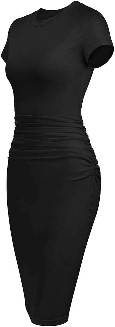 Missufeintl Women's Bodycon Ruched Short Sleeve T Shirt Midi Sundress Fitted Casual Dress - Image 2