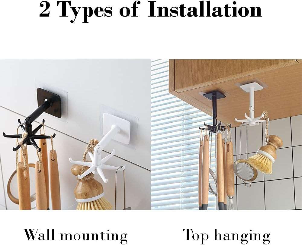 365Home Hanging Utensil Holder Hooks Kitchen Utensil Hanger Wall Mount 360 Degrees Rotating Folding Hook Self Adhesive Hook Utensil Rack with 6 Hooks for Kitchen Bathroom Cabinet (4 Black) - Image 3