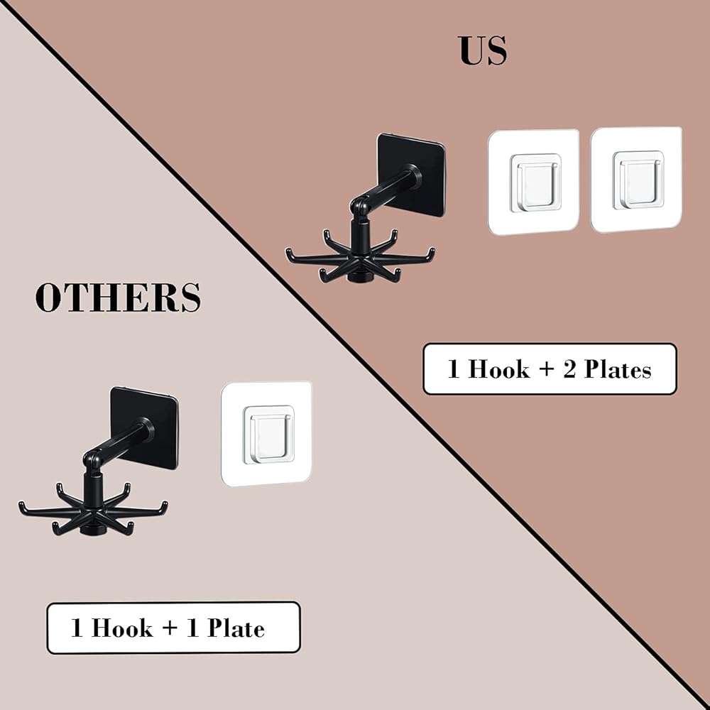365Home Hanging Utensil Holder Hooks Kitchen Utensil Hanger Wall Mount 360 Degrees Rotating Folding Hook Self Adhesive Hook Utensil Rack with 6 Hooks for Kitchen Bathroom Cabinet (4 Black) - Image 4