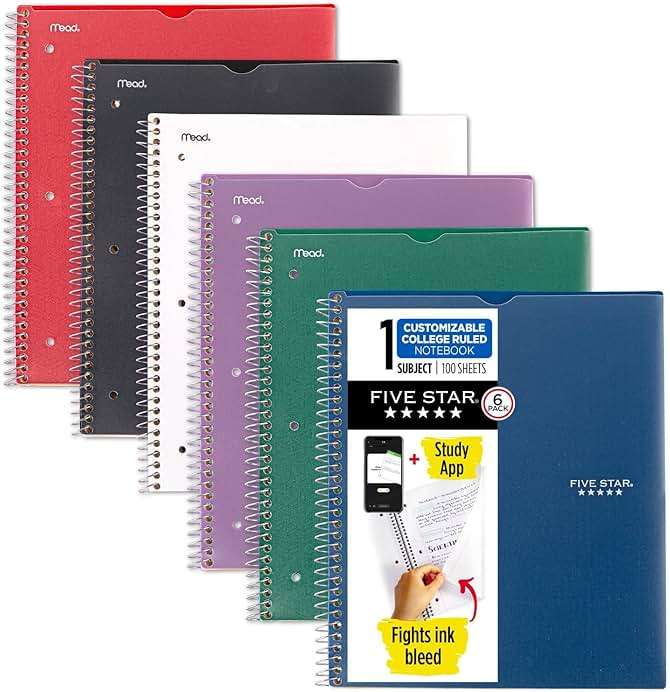 Five Star Spiral Notebook + Study App, 6 Pack, 1 Subject, College Ruled, 8-1/2" x 11", 100 Sheets, Fights Ink Bleed, Customizable Water Resistant Cover, Assorted Colors (820045-ECM) - Image 1