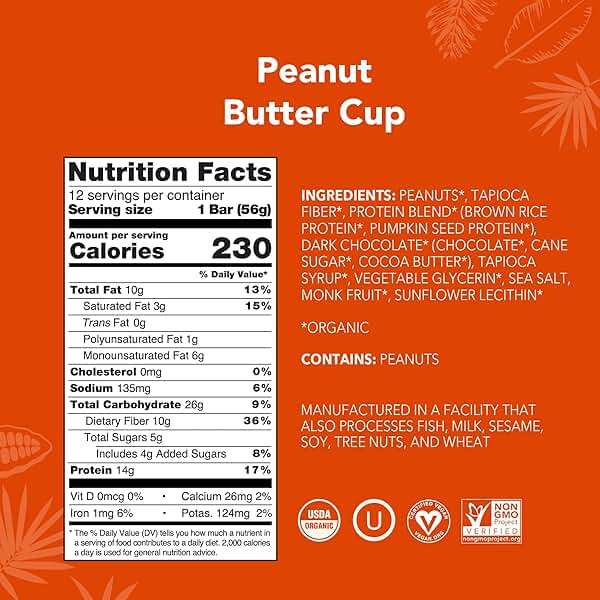 ALOHA Organic Plant Based Protein Bars - Peanut Butter Cup Bar - 12 Bars, Vegan, Low Sugar, Gluten-Free, Low Carb, Non-GMO, No Stevia, No Erythritol - Image 2