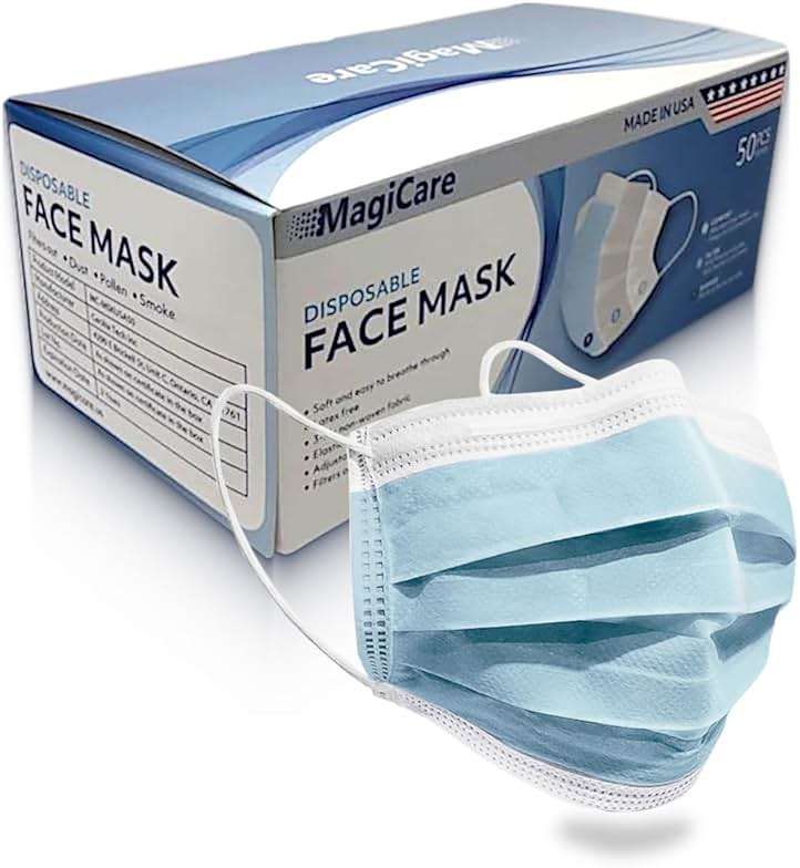 MAGICARE USA Blue Face Mask, Disposable - Face Masks Medical Grade (ASTM Level 1), 3 Ply - Comfortable, Soft, Breathable, for Adults (50/Box) - Image 1
