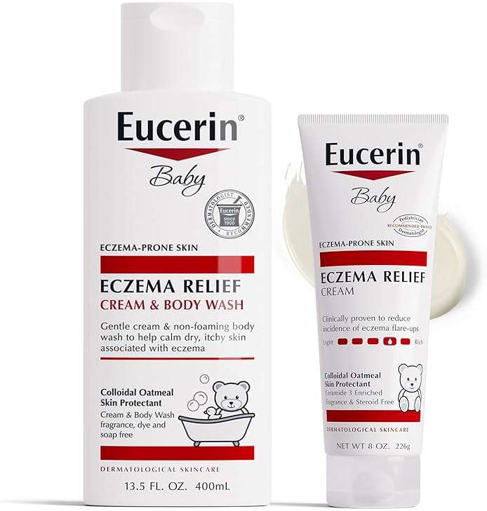 Eucerin Baby Eczema Relief Cream and Body Wash (13.5 Fl Oz) + Baby Eczema Cream (8 Oz), Fragrance Free Skin Care Set with Colloidal Oatmeal (Skin Protectant) - Image 1