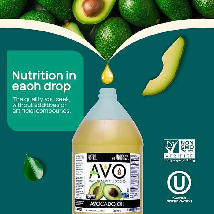 AVO Bulk Avocado Oil for Cooking 1 Gallon (128 fl oz), Non-GMO Certified, No Preservatives, High Smoke Point 500°F, Neutral Flavor, Gluten-Free, Plant-Based, OU Kosher - Image 6