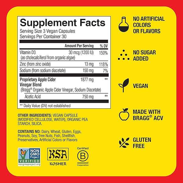 Bragg Organic Apple Cider Vinegar Capsules with Vitamin D and Zinc - 90 Count - Supports Immune System - Image 6