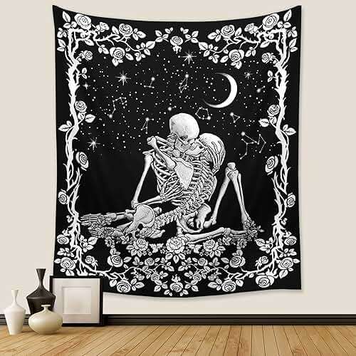 Wonrizon The Lovers Skull Tapestry,Black and White Romantic Constellation Skeleton Tapestries Wall Hanging decor for Living Room Bedroom (51.2”x 59.1”) - Image 1